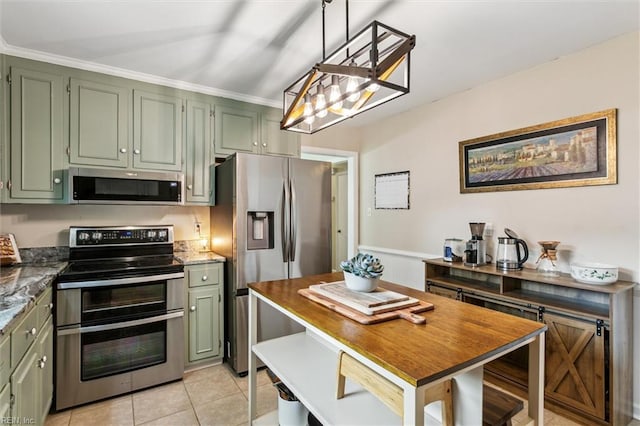 118 Cove Rd, Newport News, VA 23608 - kitchen with stainless steel appliances, green cabinetry, light tile patterned flooring, and crown molding