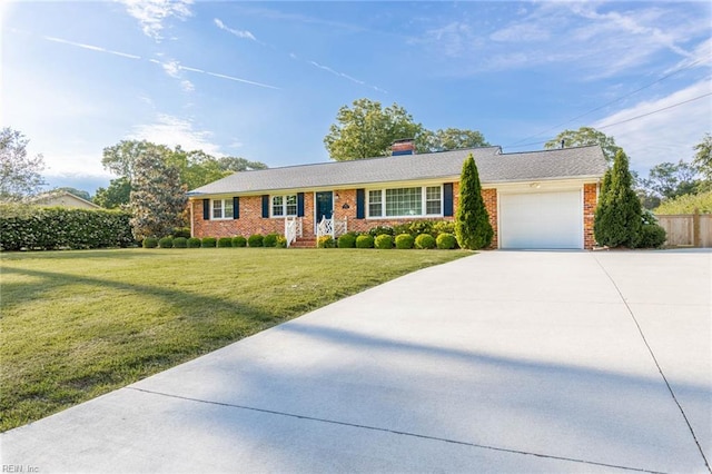 1808 Ashley Dr, Virginia Beach, VA 23454 - ranch-style home with an attached garage, concrete driveway, brick siding, a front lawn, and a chimney