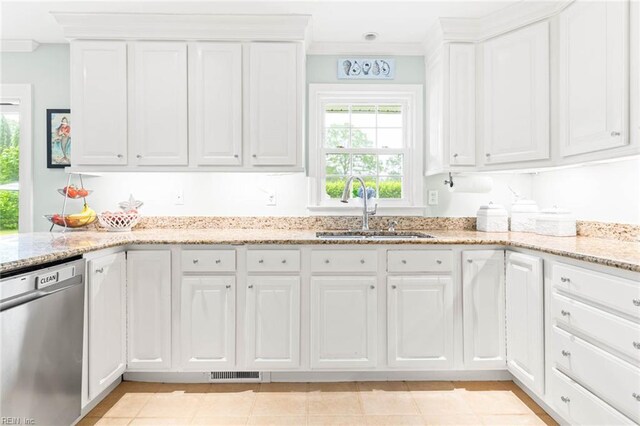 1808 Ashley Dr, Virginia Beach, VA 23454 - kitchen featuring dishwasher, a sink, white cabinetry, light stone countertops, and light tile patterned floors