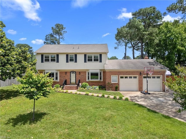1312 Whisper Dr, Virginia Beach, VA 23454 - colonial-style house with a garage, brick siding, driveway, and a chimney