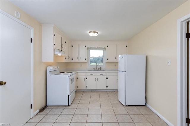 2304 Manning Rd, Suffolk, VA 23434 - kitchen featuring white appliances, a sink, under cabinet range hood, light countertops, and white cabinetry