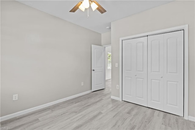 2905 Roanoke Ave, Newport News, VA 23607 - unfurnished bedroom with light wood finished floors, a closet, baseboards, and a ceiling fan
