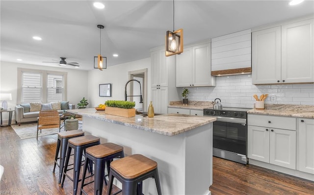 1006 Mayfield Ave, Chesapeake, VA 23324 - kitchen featuring electric stove, a sink, dark wood-style flooring, decorative backsplash, and recessed lighting