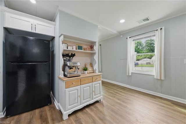 400 Cedar Dr, Hampton, VA 23669 - kitchen featuring freestanding refrigerator, wood finished floors, white cabinetry, baseboards, and recessed lighting