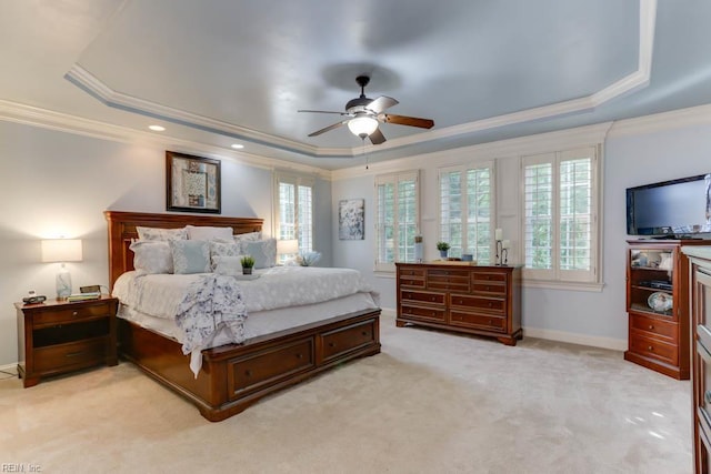 102 Ships Lndg, Carrollton, VA 23314 - bedroom with a raised ceiling, crown molding, light colored carpet, baseboards, and a ceiling fan
