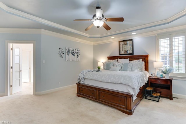 102 Ships Lndg, Carrollton, VA 23314 - bedroom with a tray ceiling, light colored carpet, baseboards, crown molding, and a ceiling fan