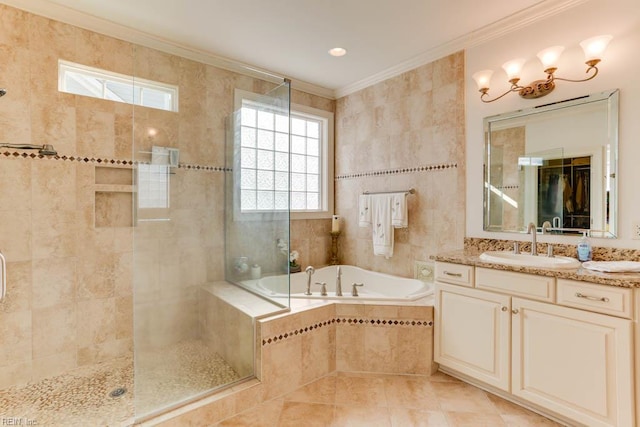102 Ships Lndg, Carrollton, VA 23314 - bathroom with a bath, a tile shower, vanity, plenty of natural light, and crown molding