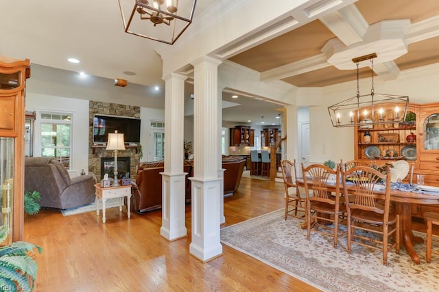 102 Ships Lndg, Carrollton, VA 23314 - dining area featuring decorative columns, light wood-style floors, crown molding, beamed ceiling, and coffered ceiling