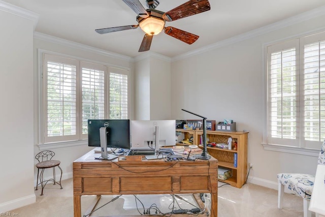 102 Ships Lndg, Carrollton, VA 23314 - office area featuring plenty of natural light, baseboards, a ceiling fan, ornamental molding, and carpet floors