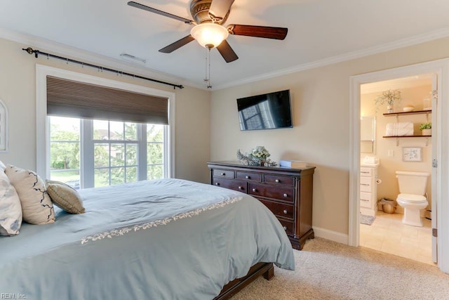 102 Ships Lndg, Carrollton, VA 23314 - bedroom featuring crown molding, baseboards, ensuite bathroom, light colored carpet, and a ceiling fan