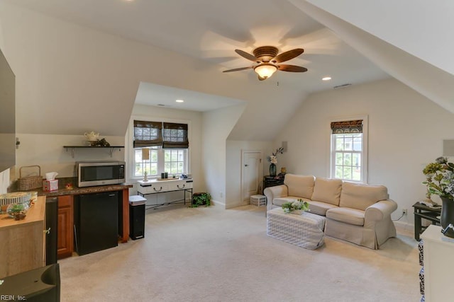 102 Ships Lndg, Carrollton, VA 23314 - living area featuring lofted ceiling, light colored carpet, a ceiling fan, recessed lighting, and baseboards