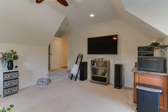 102 Ships Lndg, Carrollton, VA 23314 - playroom with vaulted ceiling, light colored carpet, a ceiling fan, and baseboards
