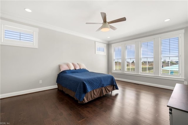 3527 Glencoe Ct, Chesapeake, VA 23322 - bedroom with crown molding, baseboards, dark wood finished floors, ceiling fan, and recessed lighting