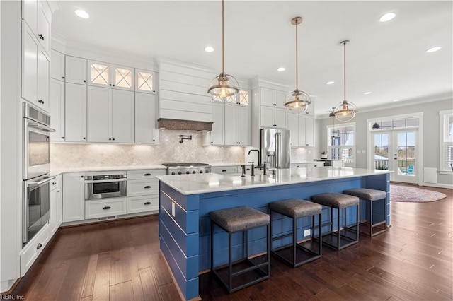 3527 Glencoe Ct, Chesapeake, VA 23322 - kitchen with appliances with stainless steel finishes, light countertops, white cabinetry, recessed lighting, and ornamental molding