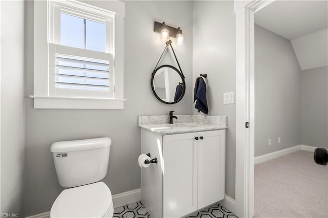 3527 Glencoe Ct, Chesapeake, VA 23322 - bathroom featuring toilet, vanity, baseboards, and lofted ceiling