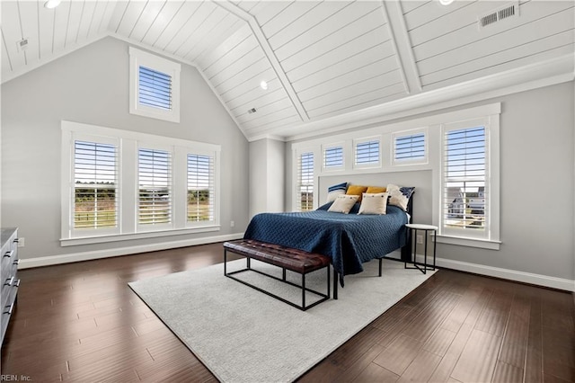 3527 Glencoe Ct, Chesapeake, VA 23322 - bedroom with baseboards, dark wood-type flooring, high vaulted ceiling, recessed lighting, and wooden ceiling