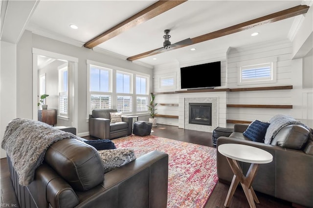 3527 Glencoe Ct, Chesapeake, VA 23322 - living area with wood finished floors, ceiling fan, beamed ceiling, crown molding, and a glass covered fireplace