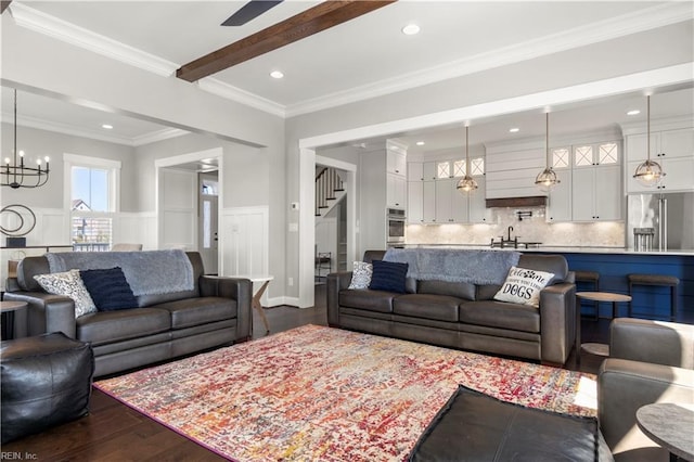 3527 Glencoe Ct, Chesapeake, VA 23322 - living area featuring a chandelier, dark wood-style floors, stairway, recessed lighting, and ornamental molding