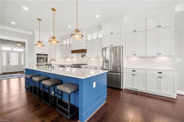 3527 Glencoe Ct, Chesapeake, VA 23322 - kitchen featuring appliances with stainless steel finishes, dark wood-style floors, white cabinets, light countertops, and ornamental molding