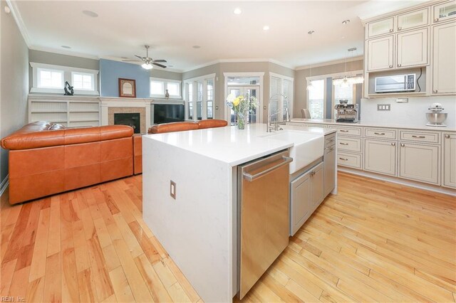 1920 Flintshire Dr, Chesapeake, VA 23323 - kitchen with stainless steel dishwasher, a sink, light wood-style floors, ceiling fan, and light countertops