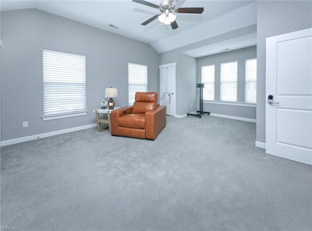 1920 Flintshire Dr, Chesapeake, VA 23323 - living area with vaulted ceiling, a ceiling fan, baseboards, and carpet