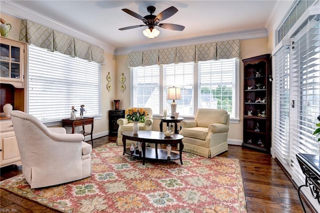 3907 Ethan Ln, Williamsburg, VA 23188 - living area with ceiling fan, crown molding, dark wood-type flooring, and baseboards