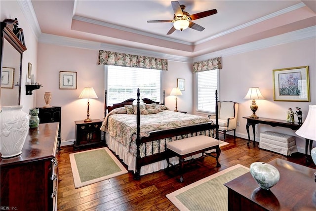 3907 Ethan Ln, Williamsburg, VA 23188 - bedroom with a tray ceiling, hardwood / wood-style floors, ornamental molding, ceiling fan, and baseboards