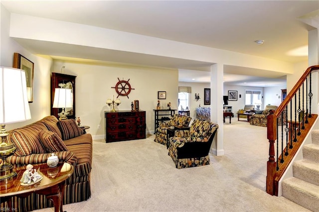 3907 Ethan Ln, Williamsburg, VA 23188 - living room with light carpet, stairs, recessed lighting, and baseboards