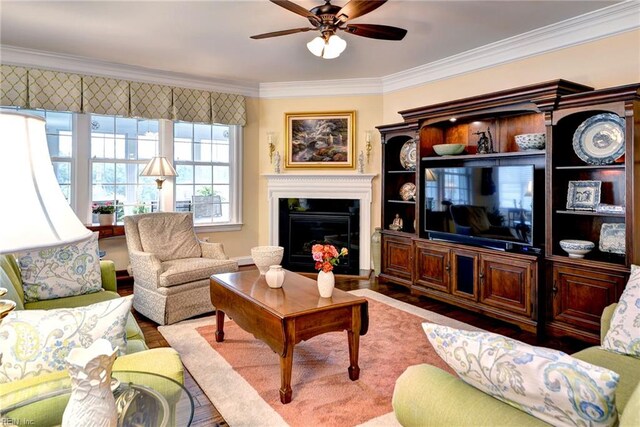 3907 Ethan Ln, Williamsburg, VA 23188 - living area with ceiling fan, ornamental molding, and a glass covered fireplace