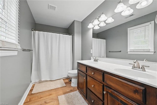 320 Pamunkey Ridge Rd, King William, VA 23086 - bathroom featuring wood finished floors, toilet, double vanity, and plenty of natural light
