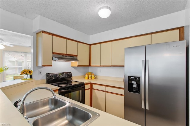 5113 Thatcher Way, Virginia Beach, VA 23456 - kitchen with stainless steel fridge with ice dispenser, under cabinet range hood, black range with electric stovetop, a sink, and a textured ceiling