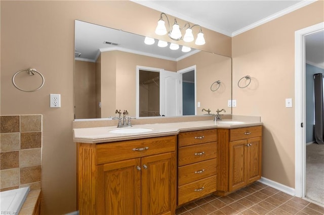 401 Fire Box Ct, Chesapeake, VA 23323 - bathroom with double vanity, ornamental molding, baseboards, tiled bath, and tile patterned flooring