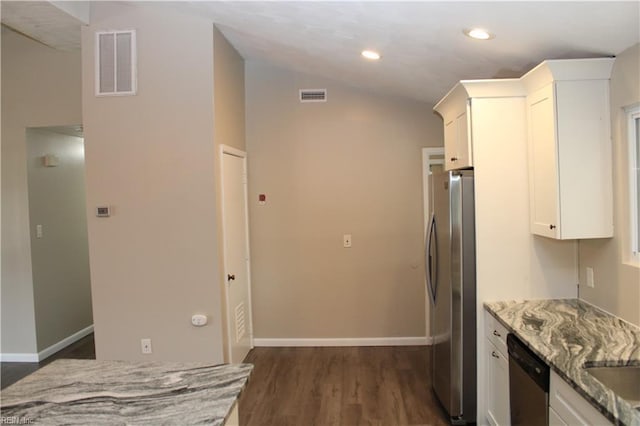 5857 Frament Ave, Norfolk, VA 23502 - kitchen with stainless steel appliances, lofted ceiling, light stone counters, white cabinets, and dark wood finished floors