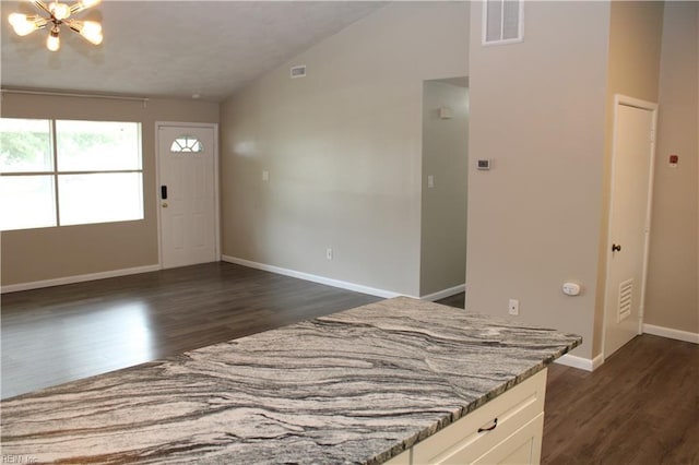 5857 Frament Ave, Norfolk, VA 23502 - entryway with lofted ceiling, dark wood-style floors, a chandelier, and baseboards