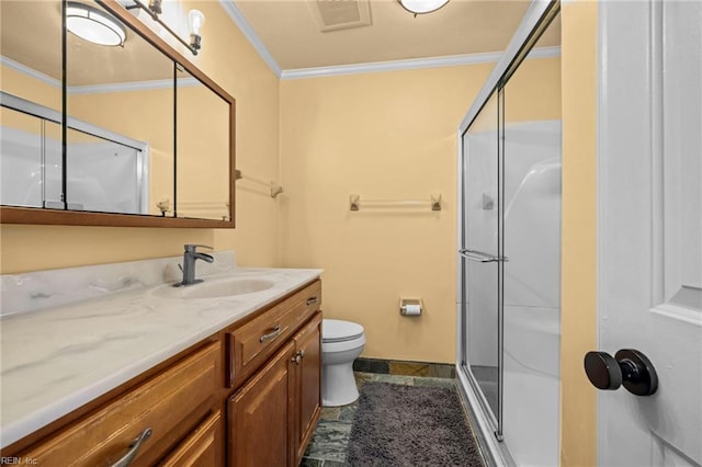 1321 Laurelfield Ct, Virginia Beach, VA 23454 - bathroom featuring crown molding, vanity, an enclosed shower, toilet, and baseboards