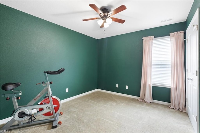 5516 Sadie Ln, Virginia Beach, VA 23462 - workout room with a ceiling fan, carpet floors, and baseboards