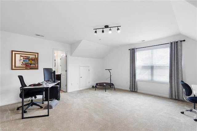 5516 Sadie Ln, Virginia Beach, VA 23462 - office space featuring vaulted ceiling, light carpet, baseboards, and rail lighting