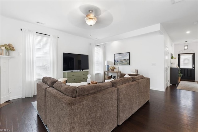 5516 Sadie Ln, Virginia Beach, VA 23462 - living room with dark wood finished floors, ceiling fan, healthy amount of natural light, baseboards, and recessed lighting