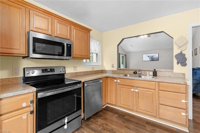 112 Hopemont Ln, Suffolk, VA 23434 - kitchen with stainless steel appliances, a sink, dark wood-style flooring, and light countertops