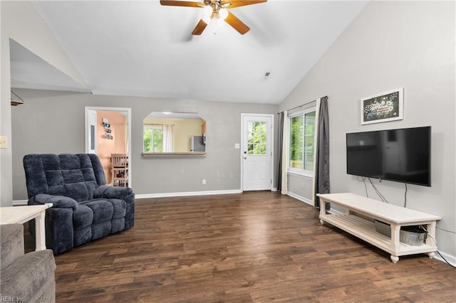 112 Hopemont Ln, Suffolk, VA 23434 - living room featuring lofted ceiling, a ceiling fan, plenty of natural light, wood finished floors, and baseboards