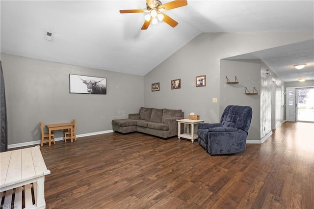 112 Hopemont Ln, Suffolk, VA 23434 - living room featuring dark wood-type flooring, vaulted ceiling, ceiling fan, and baseboards