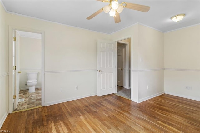 2 Sheralyn Pl, Hampton, VA 23666 - unfurnished bedroom with hardwood / wood-style floors, crown molding, baseboards, connected bathroom, and ceiling fan