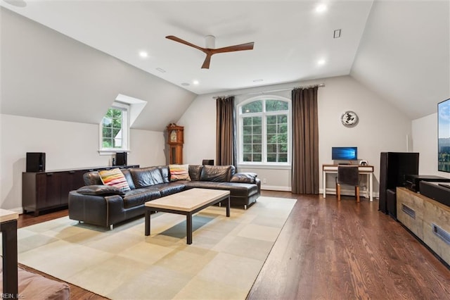 1909 N Fowlers Close Close, Williamsburg, VA 23185 - living room featuring ceiling fan, lofted ceiling, wood finished floors, recessed lighting, and baseboards