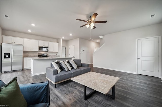 3032 Dalton Cir, Suffolk, VA 23435 - living area with a ceiling fan, dark wood-type flooring, recessed lighting, and baseboards