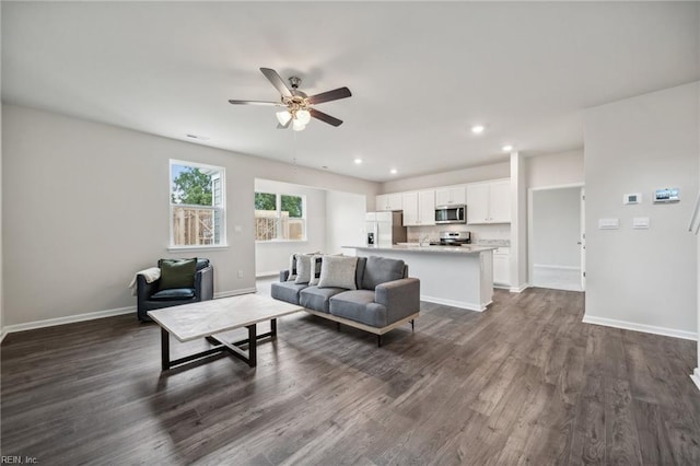 3032 Dalton Cir, Suffolk, VA 23435 - living area with ceiling fan, dark wood-style flooring, baseboards, and recessed lighting