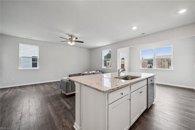 3032 Dalton Cir, Suffolk, VA 23435 - kitchen with a sink, dishwasher, dark wood-style flooring, open floor plan, and recessed lighting