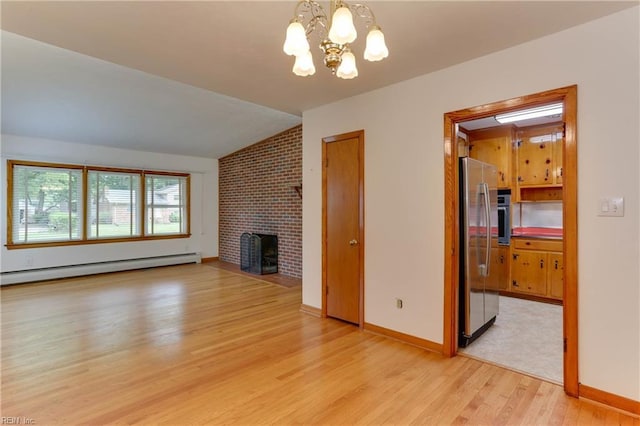 449 Martha Lee Dr, Hampton, VA 23666 - unfurnished living room with light wood finished floors, lofted ceiling, a fireplace, a baseboard heating unit, and a chandelier