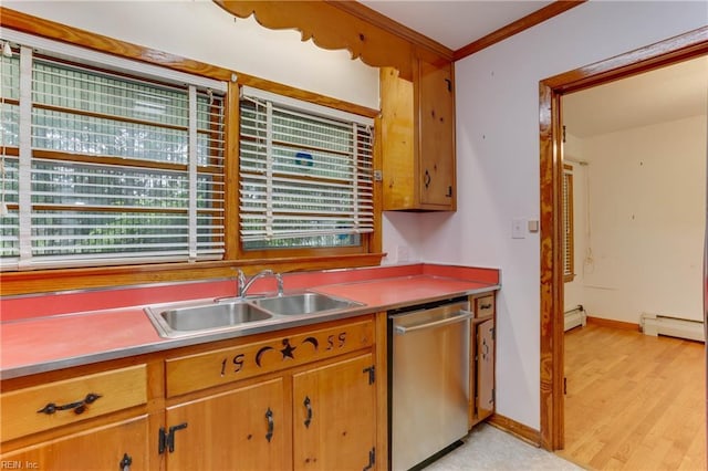 449 Martha Lee Dr, Hampton, VA 23666 - kitchen featuring stainless steel dishwasher, a sink, baseboards, baseboard heating, and light wood-style floors