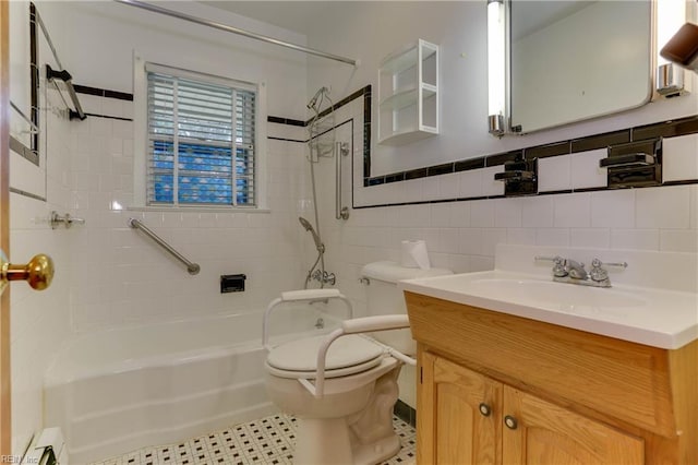 449 Martha Lee Dr, Hampton, VA 23666 - full bath with baseboard heating, toilet, shower / bath combination, vanity, and tile walls