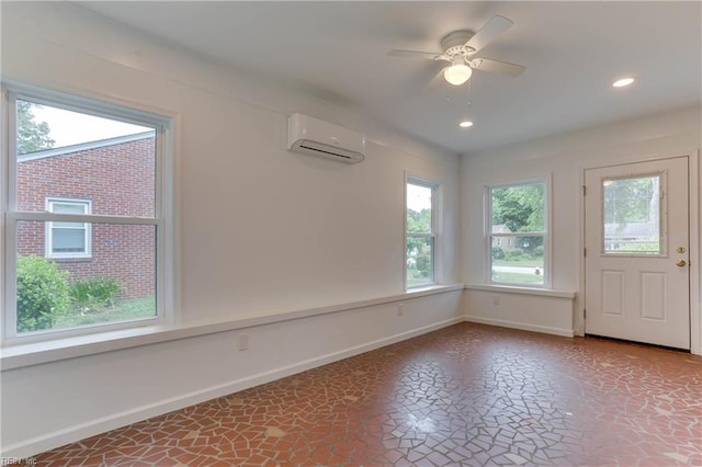 449 Martha Lee Dr, Hampton, VA 23666 - foyer featuring an AC wall unit, baseboards, a ceiling fan, and recessed lighting
